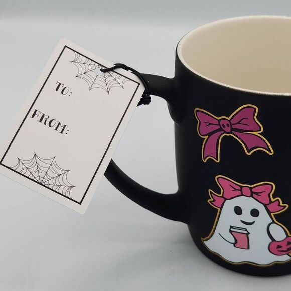 Cobwebs & Cauldrons Halloween ghost pink bow black mug - Picture 7 of 8